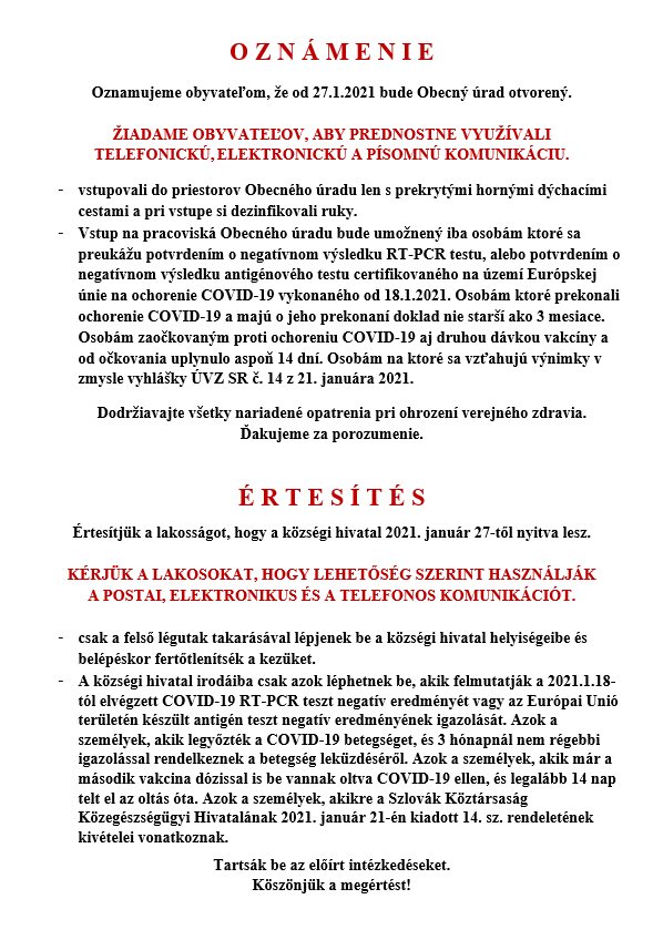 Oznámenie 27.01.2021 Értesítés
