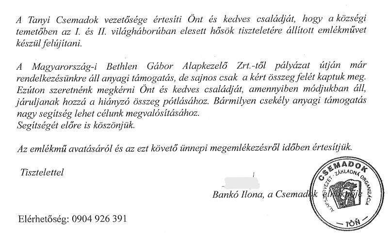 Csemadok - Zbierka na obnovu pamätníka obetiam I. a II. svetovej vojny