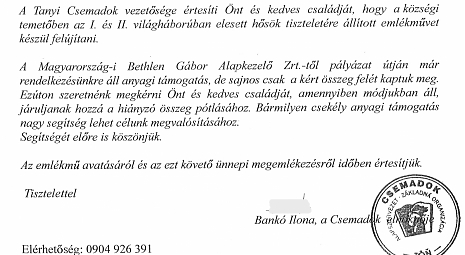 Csemadok - Zbierka na obnovu pamätníka obetiam I. a II. svetovej vojny
