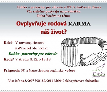 Ľubka - potraviny pre zdravie pripravuje prednášku Ľuba Vozára na tému Ovyplyvňuje rodová karma náš život?